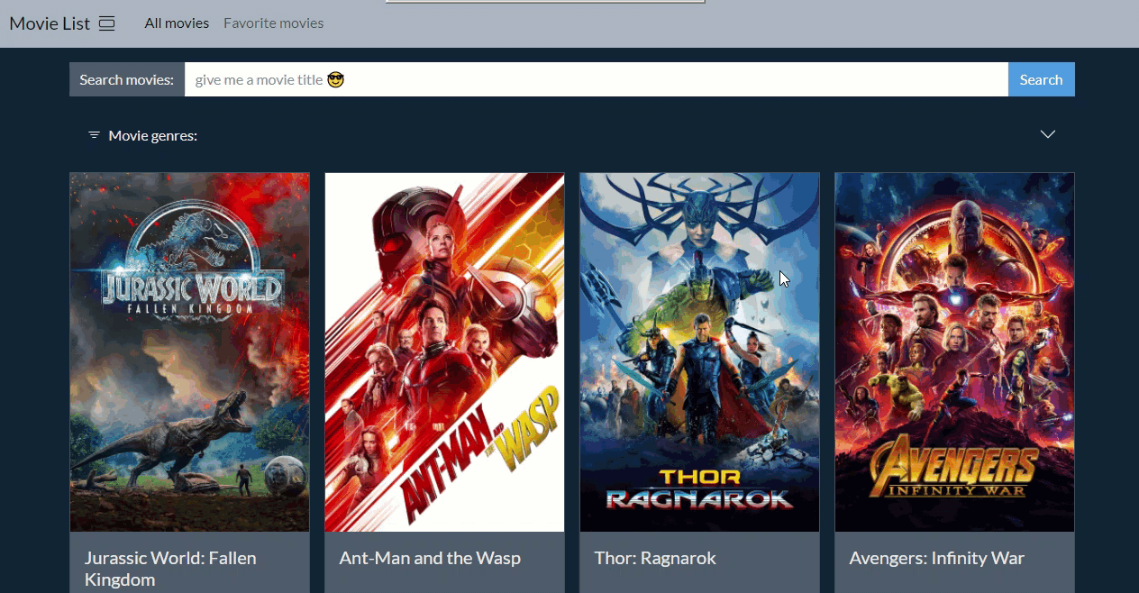 trigger filter by genres badges in each movie's modal card demonstration gif