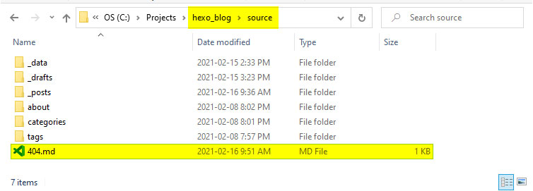 The screenshot to display file location of 404.md file for the hexo blog