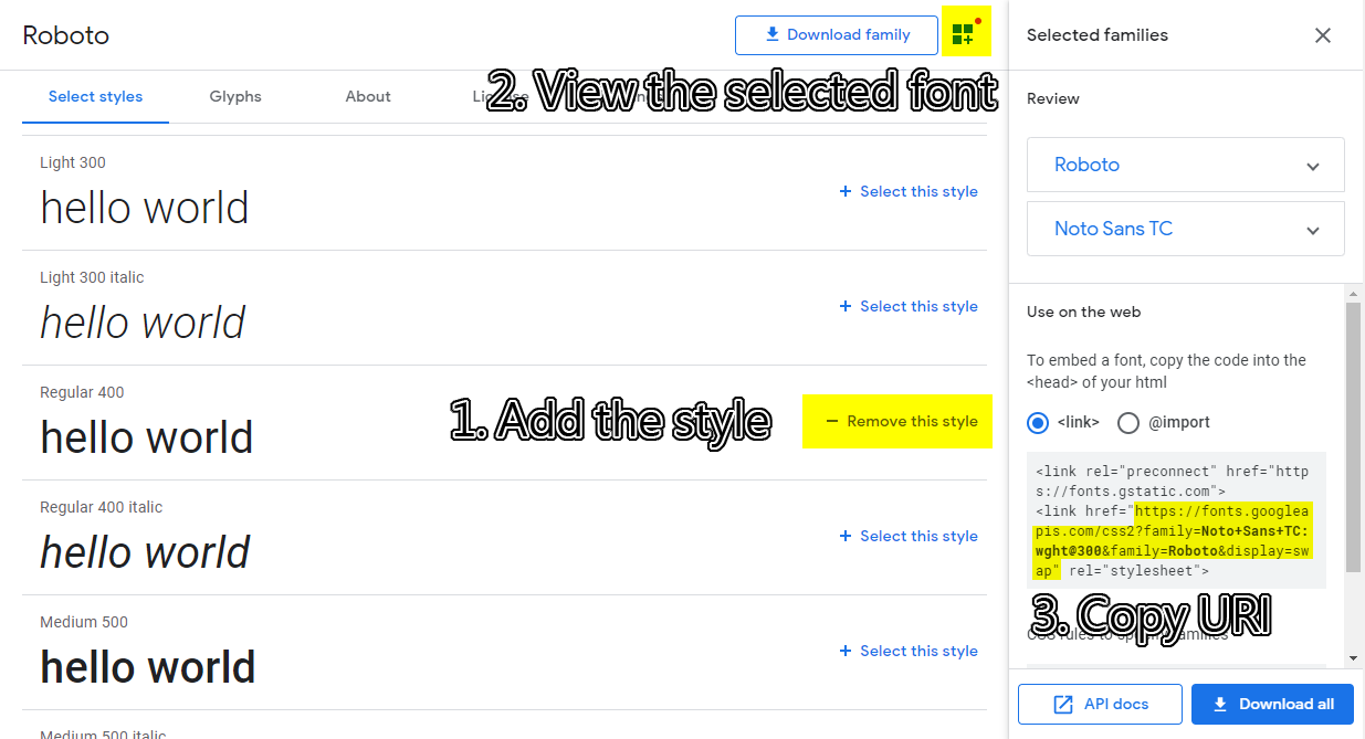 3 steps to get the font hosting URI from Google Fonts