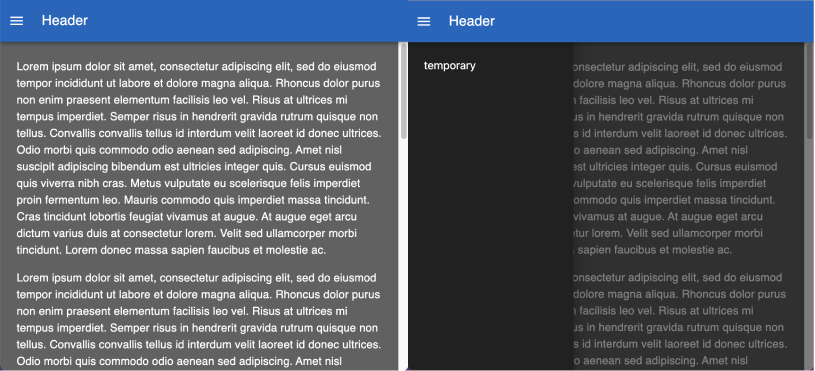 畫面小於 theme.breakpoints.sm；右圖為展開 drawer 時的畫面