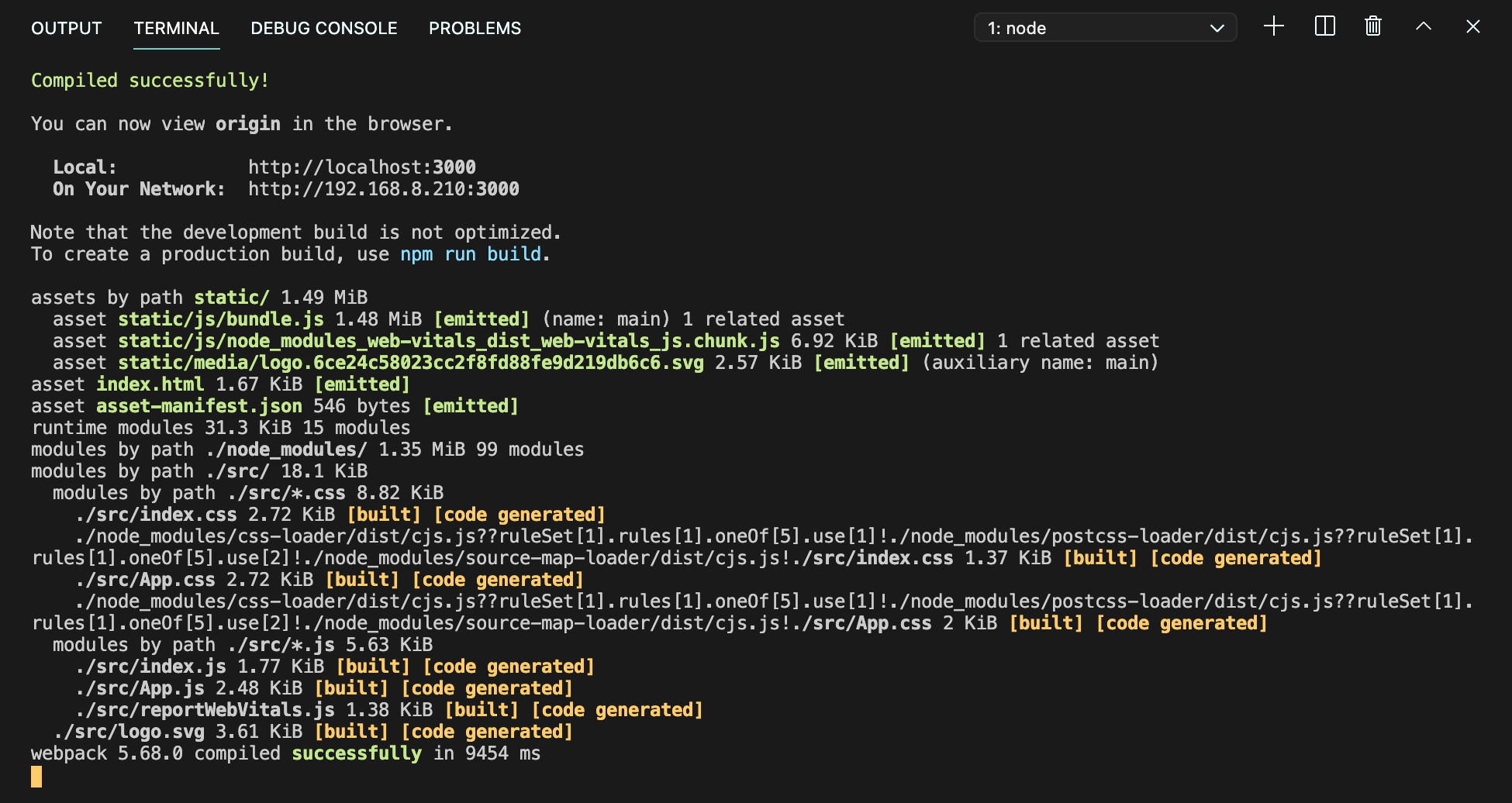 terminal log from default create-react-app