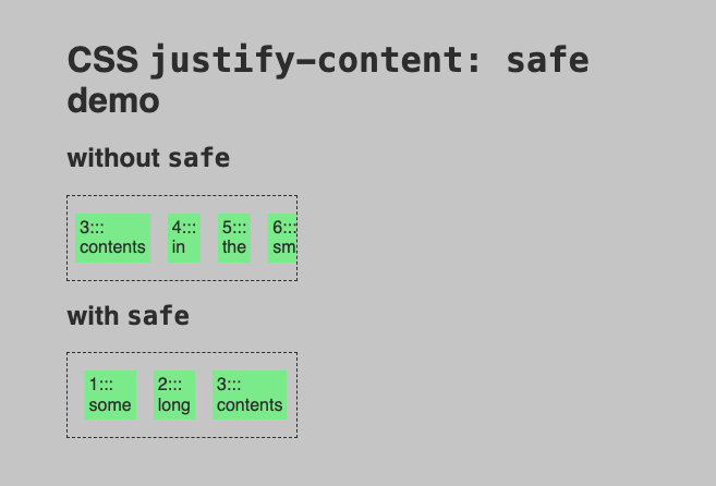 a demo image for CSS justify-content no-safe and safe